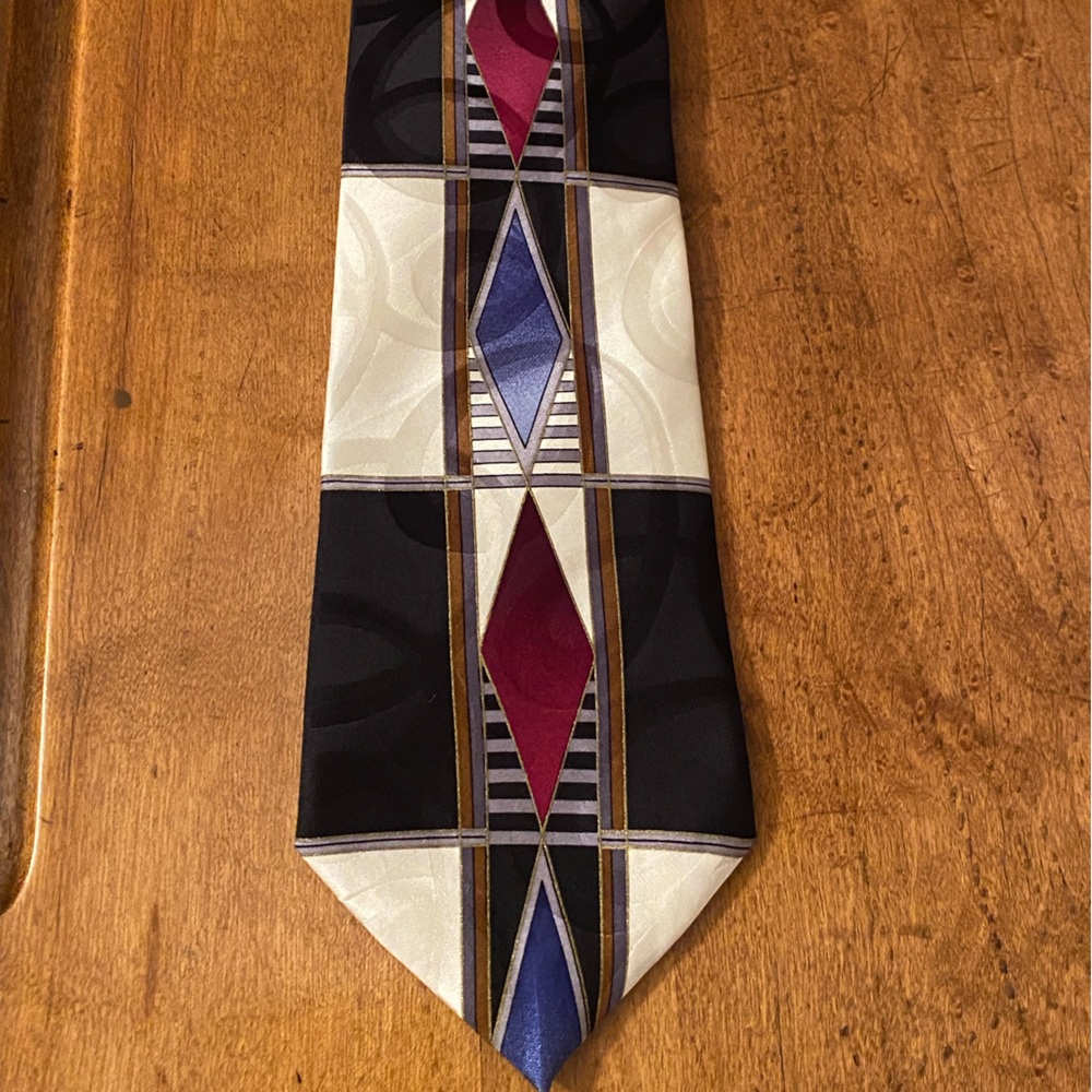 Vtg Screenplay Martin Wong Men Silk Tie Geometric Cream Blue Black Burgundy Gray